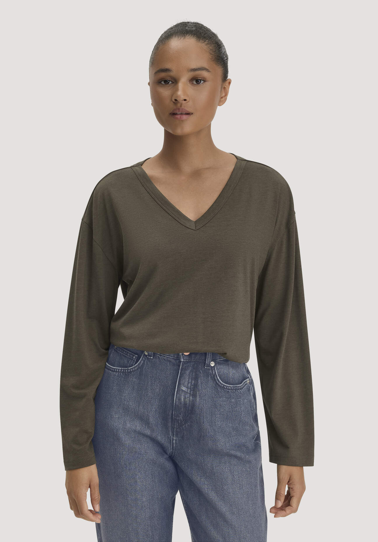 hessnatur Damen Longsleeve Oversize aus TENCEL™ Lyocell und Bio-Baumwolle - grün GrösseL