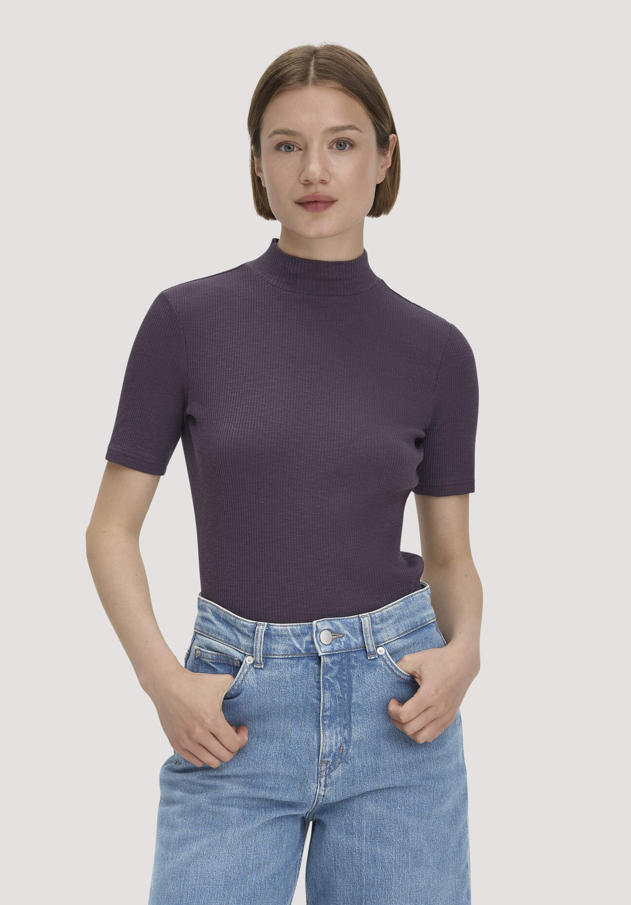 hessnatur Damen Mock-Neck Shirt Slim aus Bio-Baumwolle - lila Grösse48